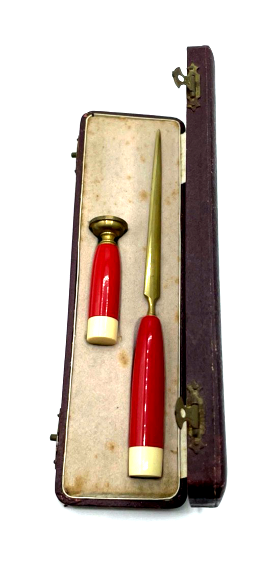 Antik bunt Bakelit Petschaft Brieföffner im orig. Etui um 1900 1910 ohne Gravur4