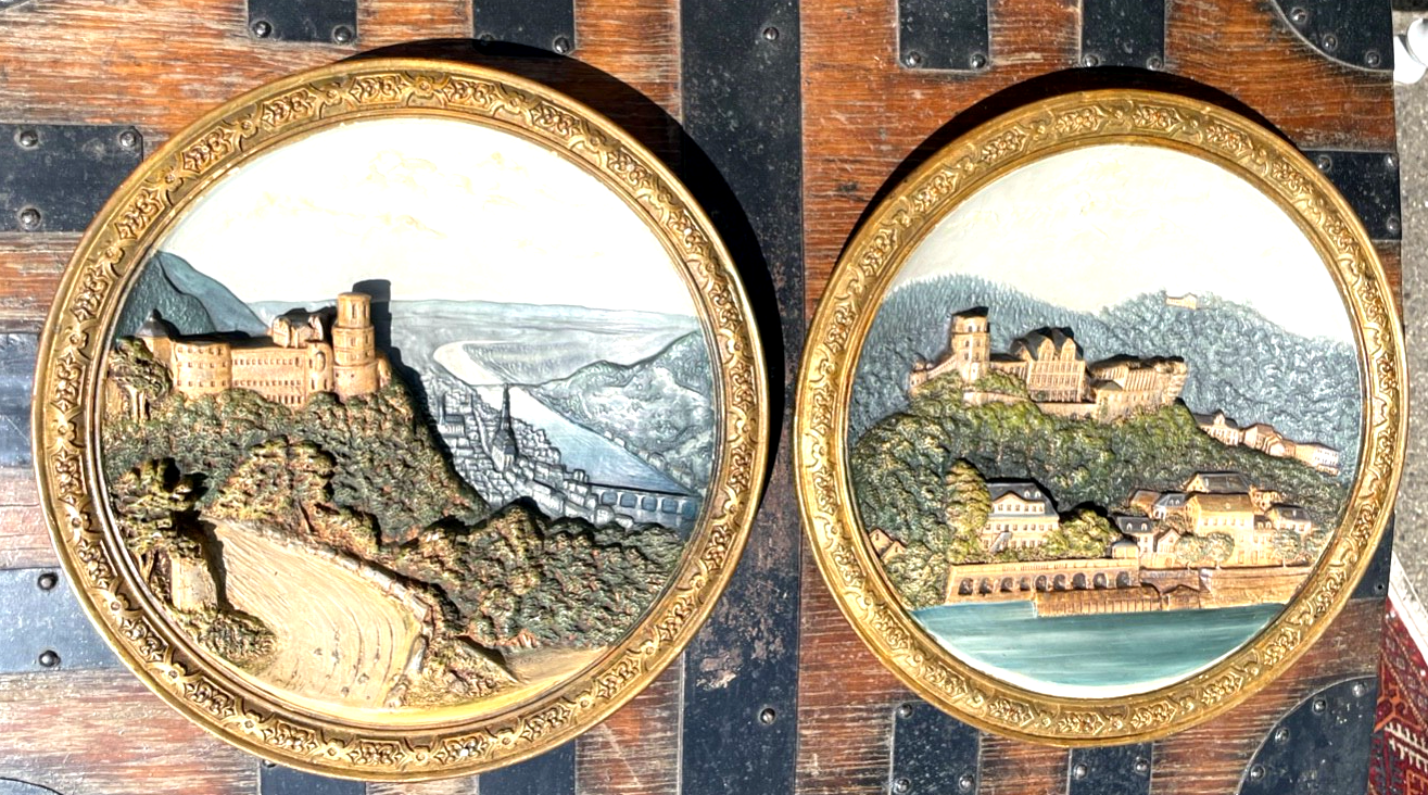 2 Keramik Majolika Teller Wandteller Heidelberg Schiller & Sohn um 1900 Ø 34 cm3