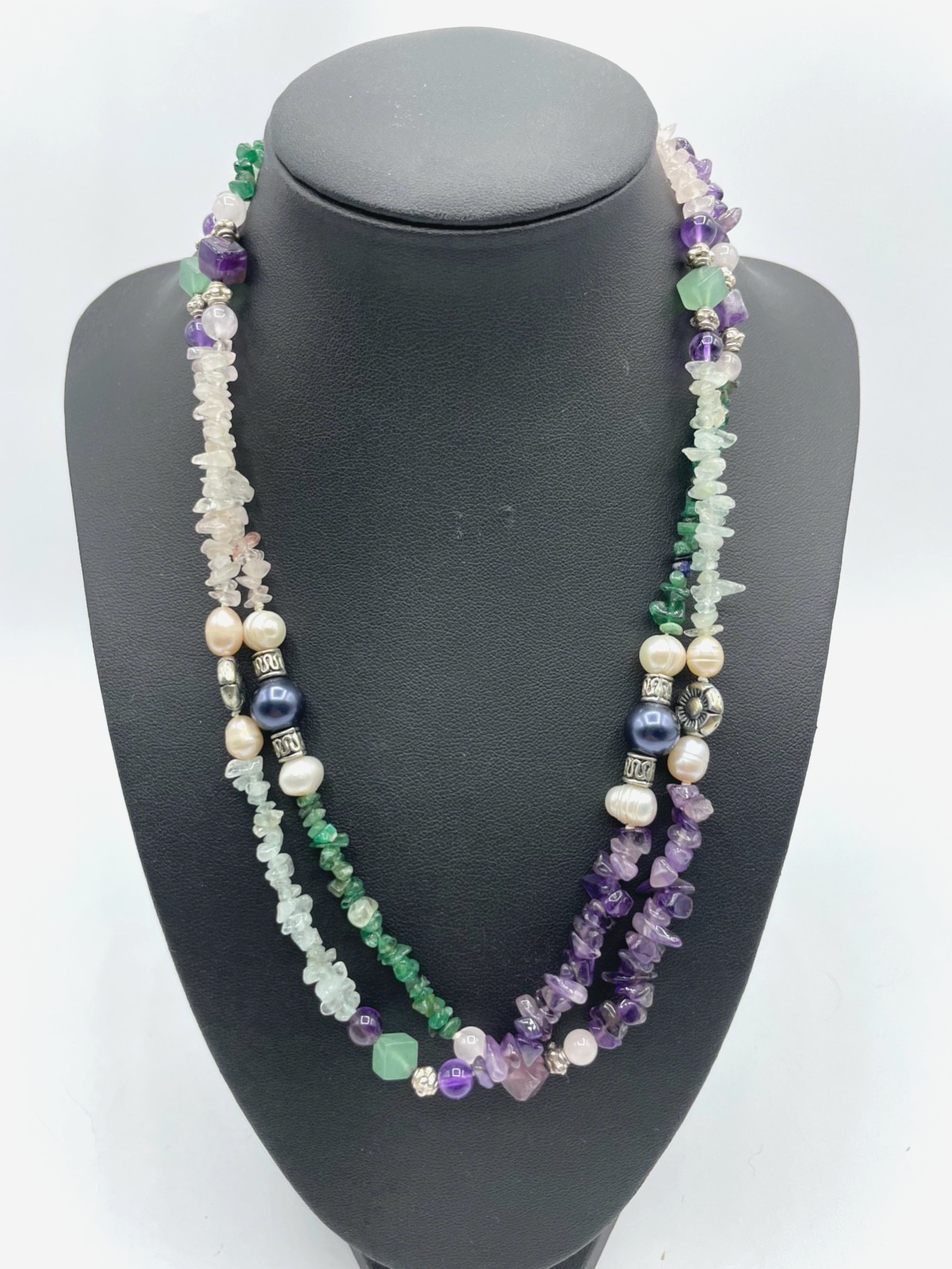 99 cm lange Halskette echte Edelsteine Smaragd Amethyst Aquamarin SWZ Perlen Mix0