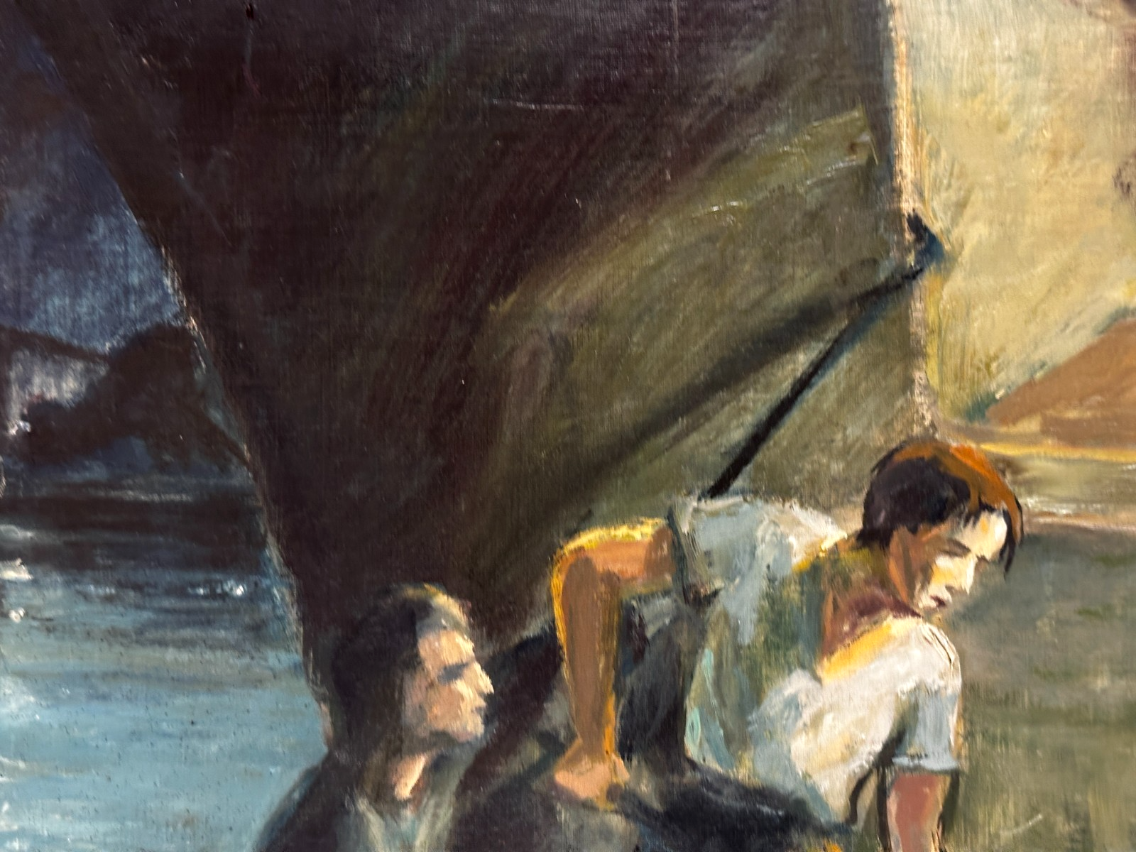 Unsigniertes Gemälde um 1950 – Nachtliche Arbeitsszene – Öl auf Leinwand3