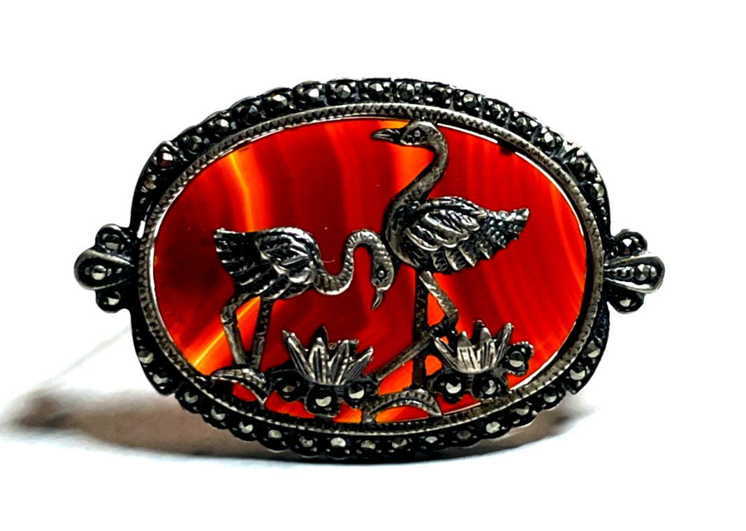 Antik Silber Brosche Anstecknadel Streifenachat Kraniche Markasiten Art Déco0