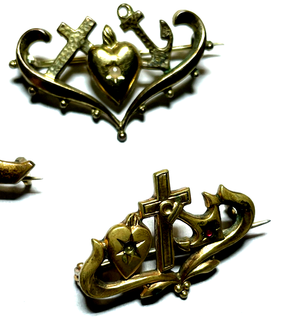 Antik 4 x Jugendstil Brosche Konvolut  Golddouble mit Farbsteinen gepflegt7
