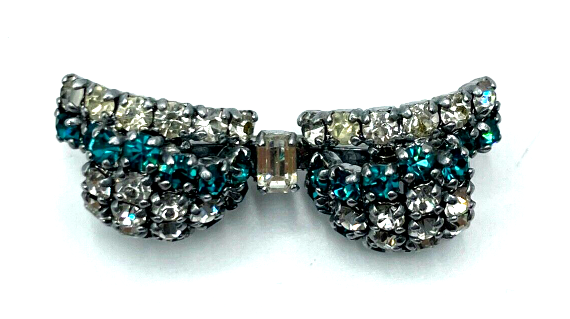 Alte Strass Schleife Brosche Fb. Petrol + Transparent Glas Anstecknadel gepflegt2