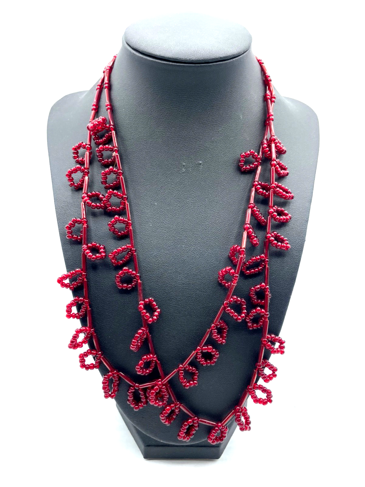 Vintage mid-century Halskette Handarbeit Granat rote Glasperlen Collier Topzust0