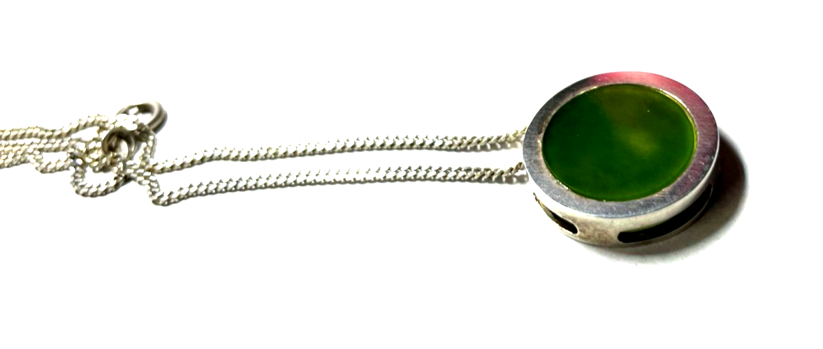 40 cm 925 Sterling Panzerkette + vintage grüne Jade Anhänger Purismus top gepfl.3