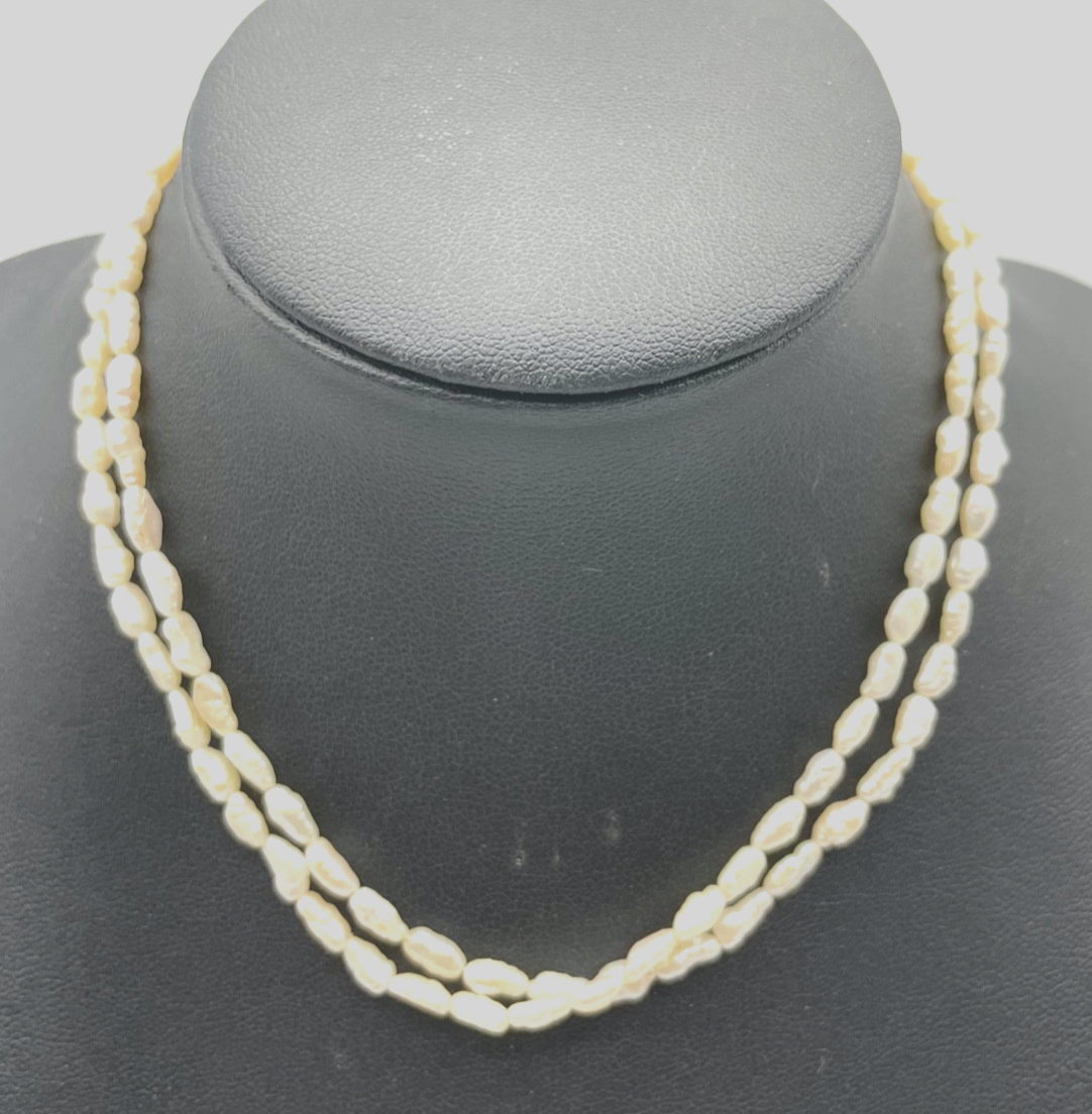 Vintage echte 67 cm Biwa Perlen Kette Perlenkette Reiskorn Golddouble top gepfl2