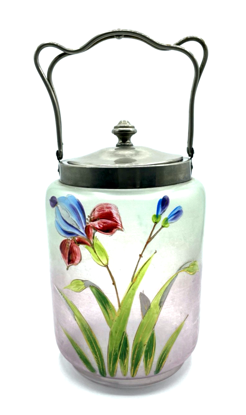 Jugendstil antik Glas Dose Deckeldose Henkel Bonboniere handbemalt Blumen Dekor0