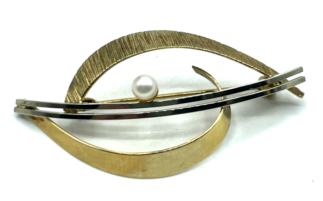 Vintage Teka 333 Gold 8 K Gold Bicolor Brosche Anstecknadel mit Akoya Perle1