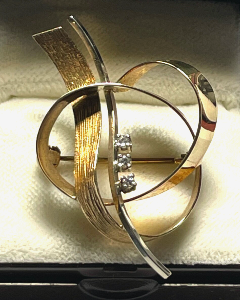 Elegante 585 Gold 14 K Gold Brosche Anstecknadel 3 x Diamant 4,54 Gr. Juwelier0
