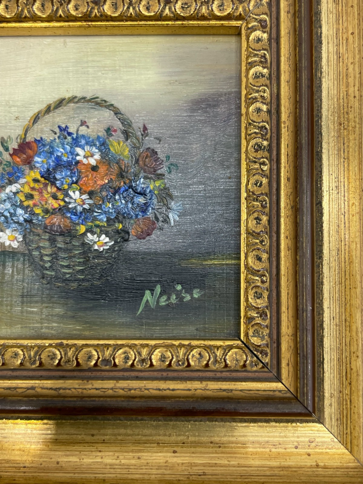3 reizvolle kleine Ölgemälde Blumen Motive im Goldrahmen Kunstmalerin Neise7