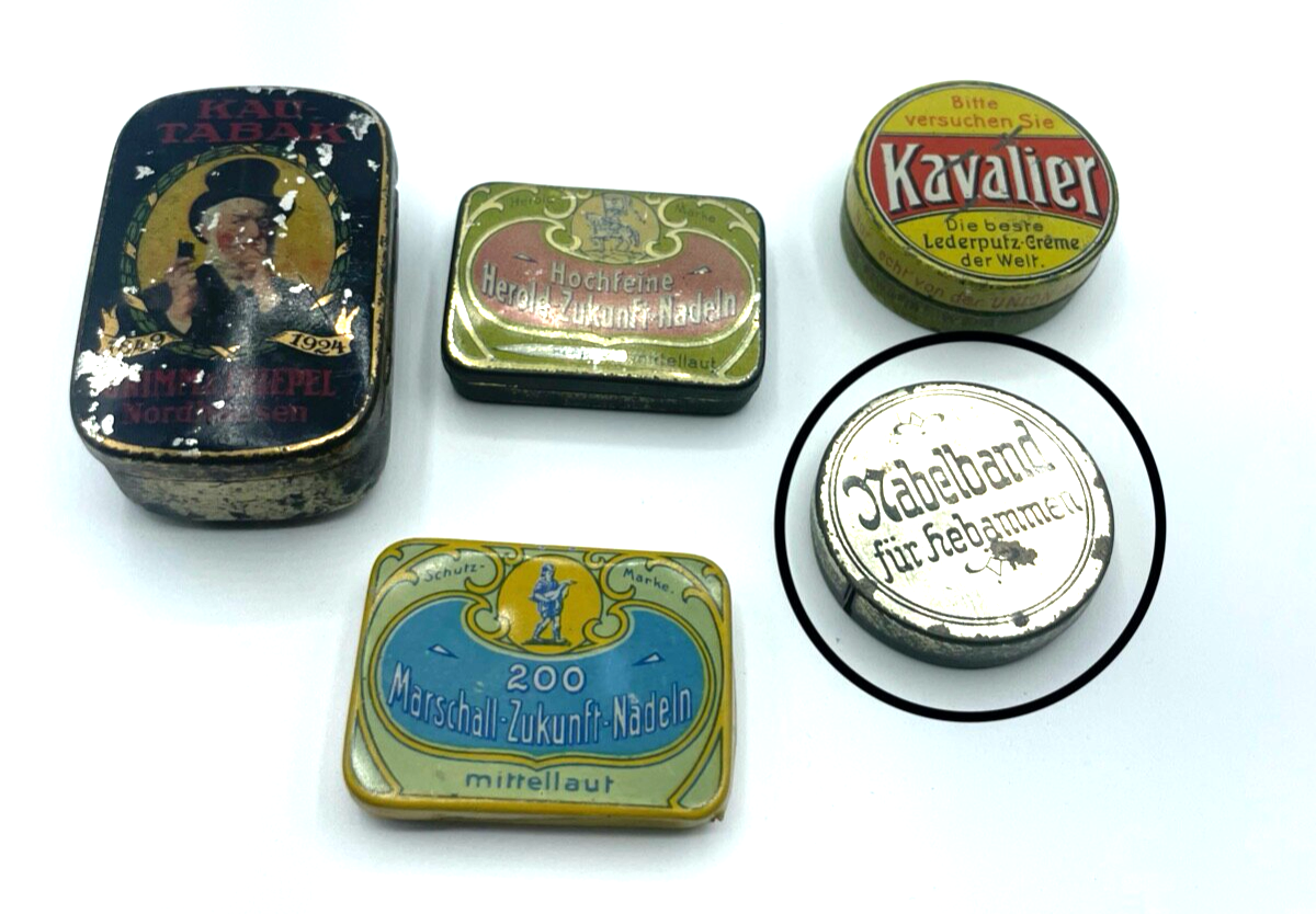 Antik 5 kleine Blechdosen Werbung Reklame Kautabak Grammophon Nadel etc. gepfl.5