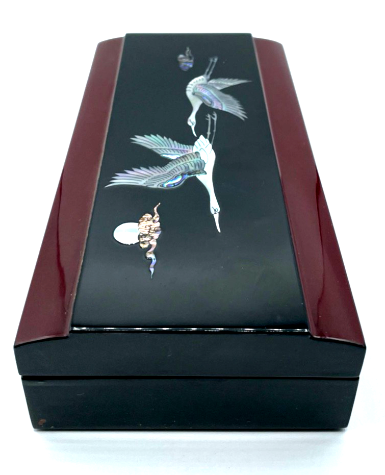 Vintage Chinalack Lack Dose Deckeldose Reiher Perlmutt Einlage Kranich gepflegt4