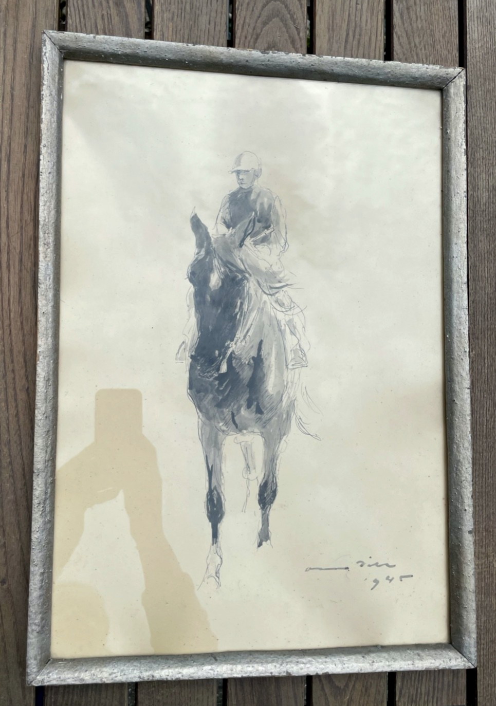 Otto Dill lavierte Tusche Zeichnung Pferd mit Jockey 1945 gerahmt  49 x 34,5 cm4