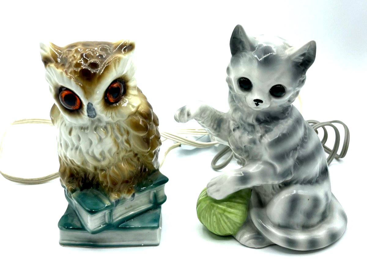 2 alte funktionierende Porzellan Rauchverzehrer Uhu Eule + Katze Duftlampe1