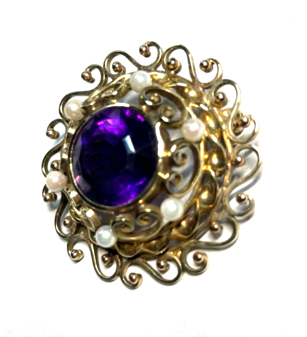 Edle 585 Gold 14 K Brosche mit 1 Amethyst + 6 kleine Orientperlen Juwelier gepfl4