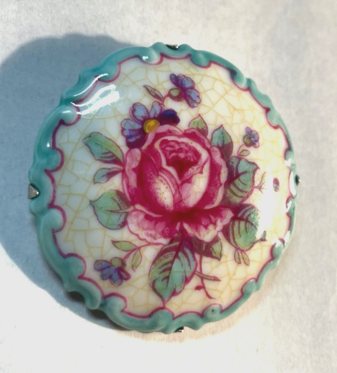 Antik Rosenthal Porzellan Brosche 20er 30er J Rosen Motiv Ø 47 mm handgemalt0