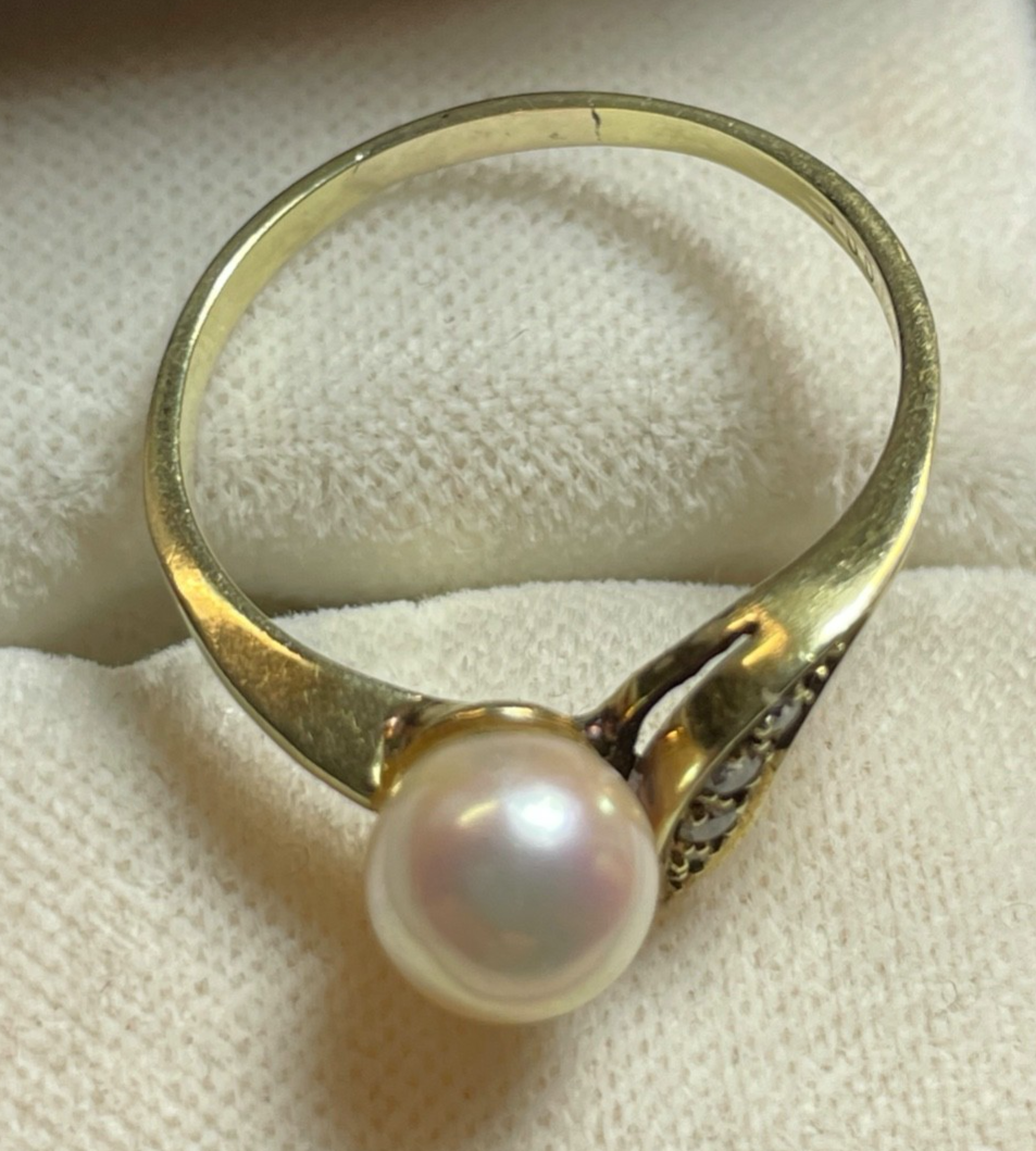 585 Gold 14 K Gelbgold Ring Südsee Perle Brillanten 0,06 ct Ø 18,5 mm RG 58 gepf4