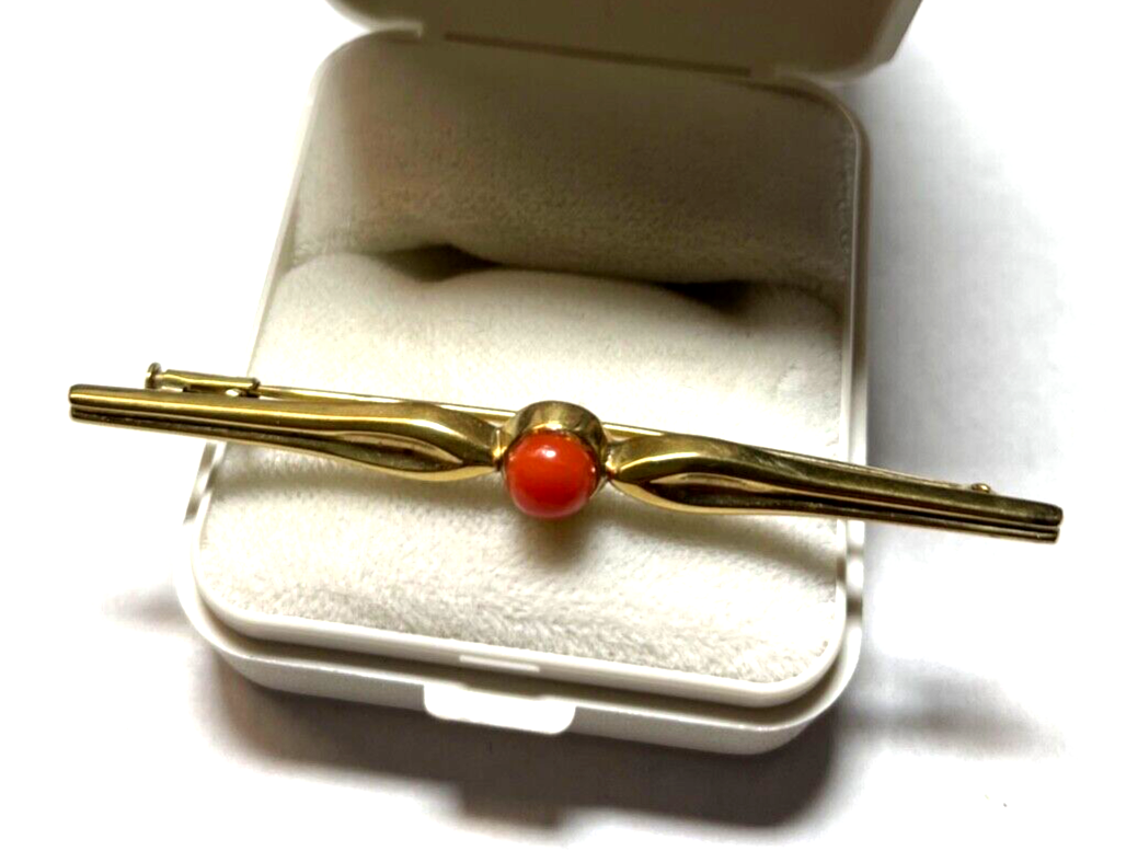 Klassische Stabbrosche Anstecknadel 333 Gold 8 K GG mit Koralle Button gepflegt0