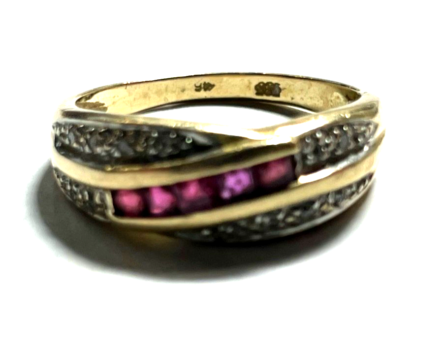 585 Gold 14 K Ring 5 x Rubin + 12 Diamanten Bandring RG 54 Ø 17,2 mm sehr gepfl1