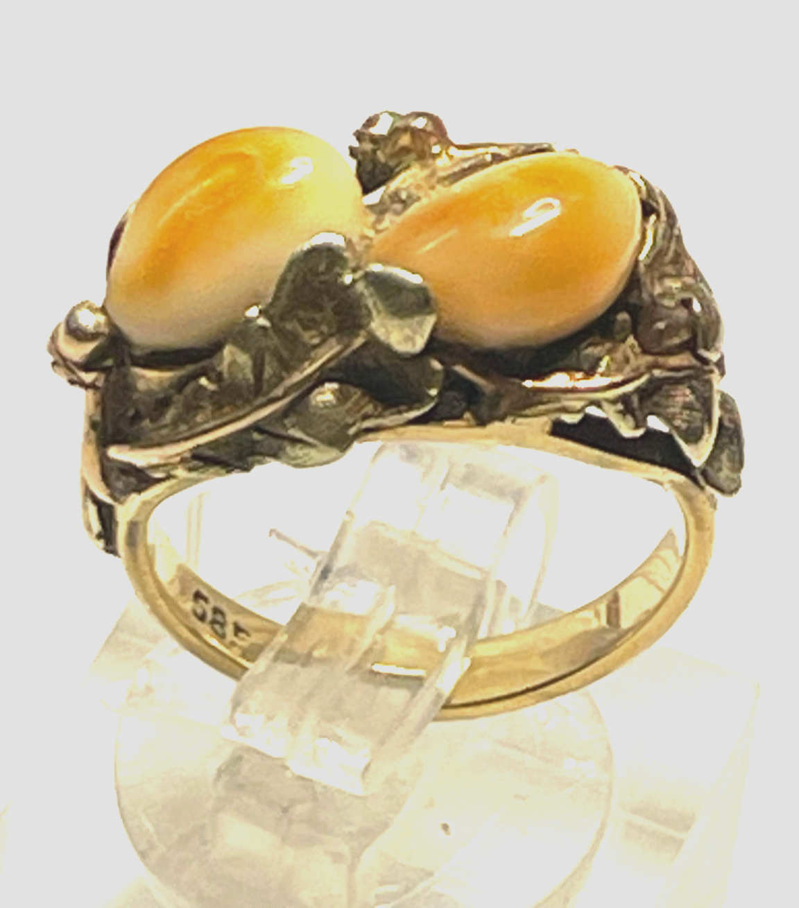 585 Gold 14 K antik Ring mit 2 x Grandel  RG 49 Ø 15,6 mm sehr apart  + gepflegt6