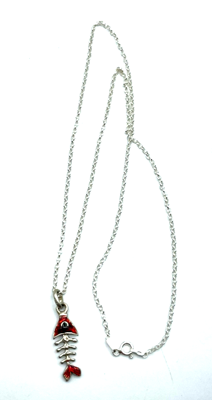 925 Silber Anhänger Fisch Skelett teils emailliert + Sterling Gliederkette 50 cm1