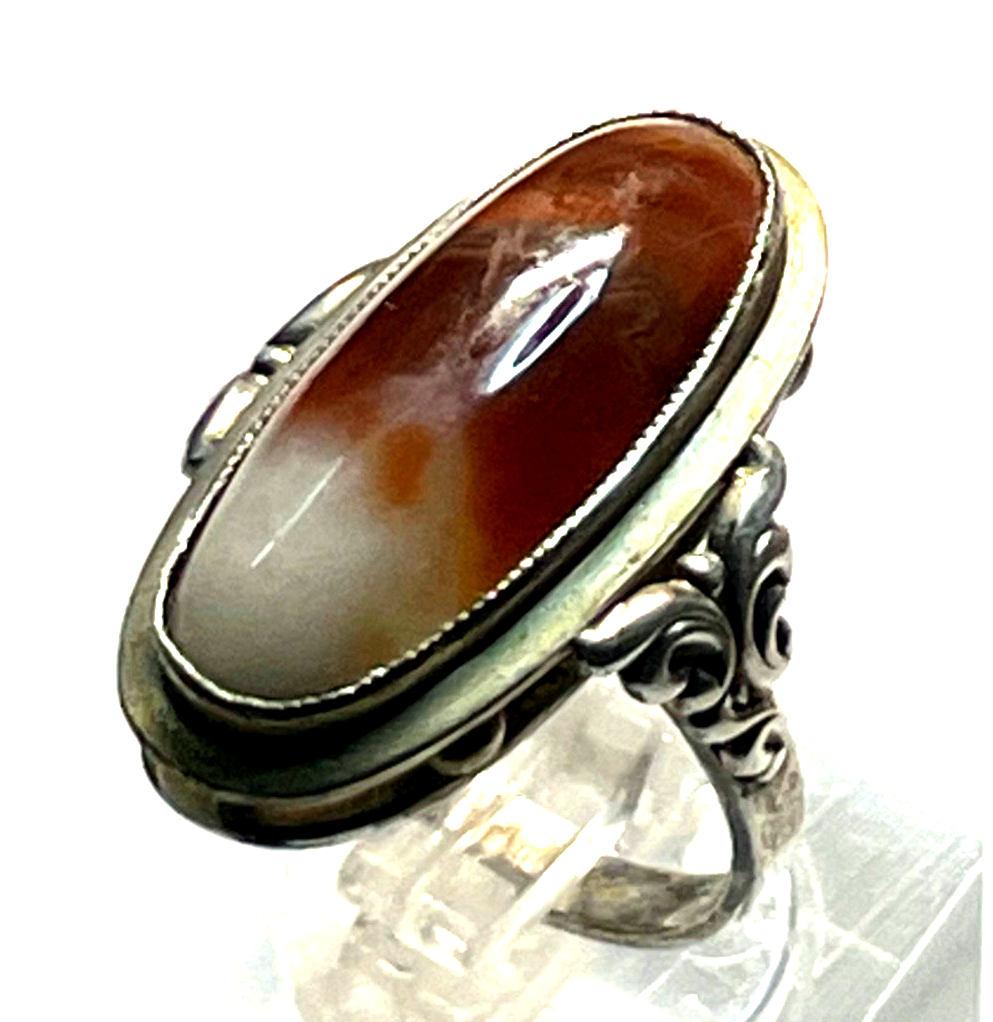 Antik 835 Silber Ring Achat Cabochon 30erJ Fassung Ø 16,5 mm RG 52 Handarbeit8
