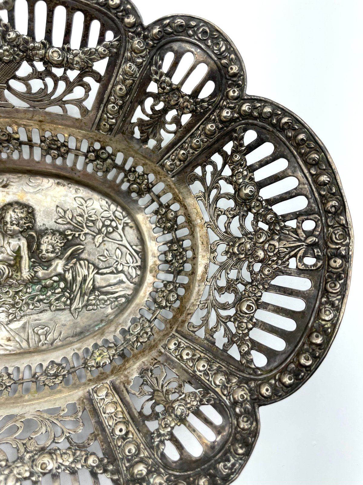 Antik 800 Silber Körbchen Anbietschale Durchbruch Putten Rosen Dekor L 21,2 cm3