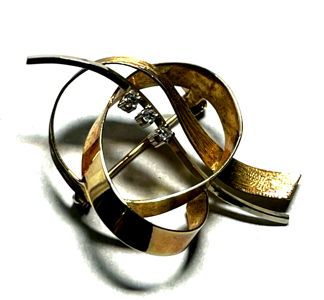 Elegante 585 Gold 14 K Gold Brosche Anstecknadel 3 x Diamant 4,54 Gr. Juwelier1