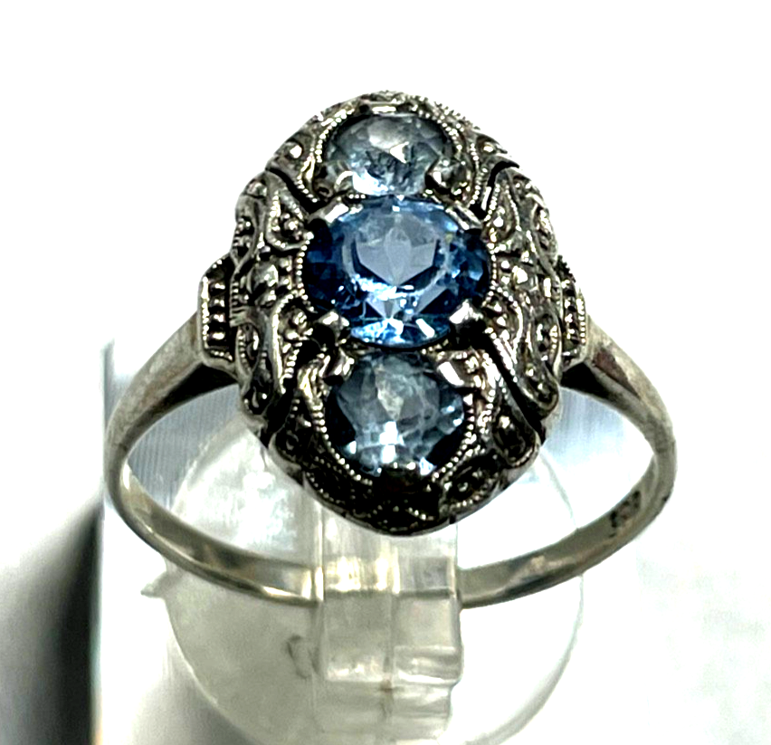 Antik 835 Silber Ring aquamarin farbig wasserblau Spinell 30erJ RG 55 Ø 17,5 mm2