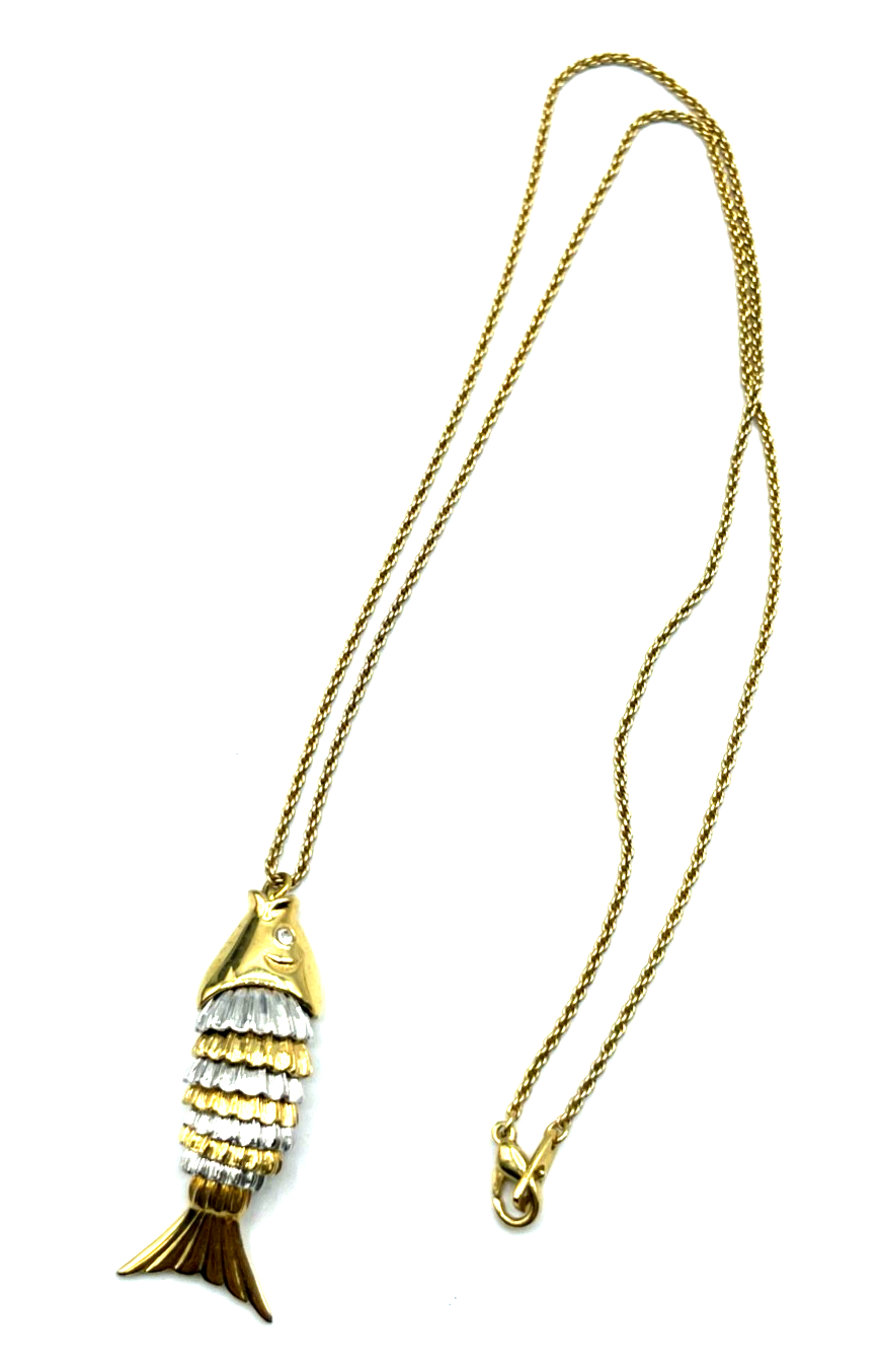 Vintage Modeschmuck großer beweglicher Fisch an langer Kordelkette top gepflegt0