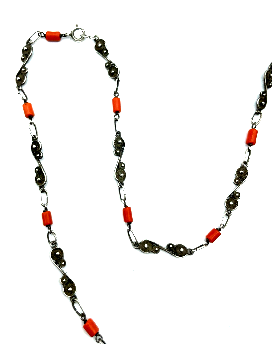 Traumhafte antik 835 Silber Kette mit Koralle 30er J Handarbeit L 68 cm B 6 mm7
