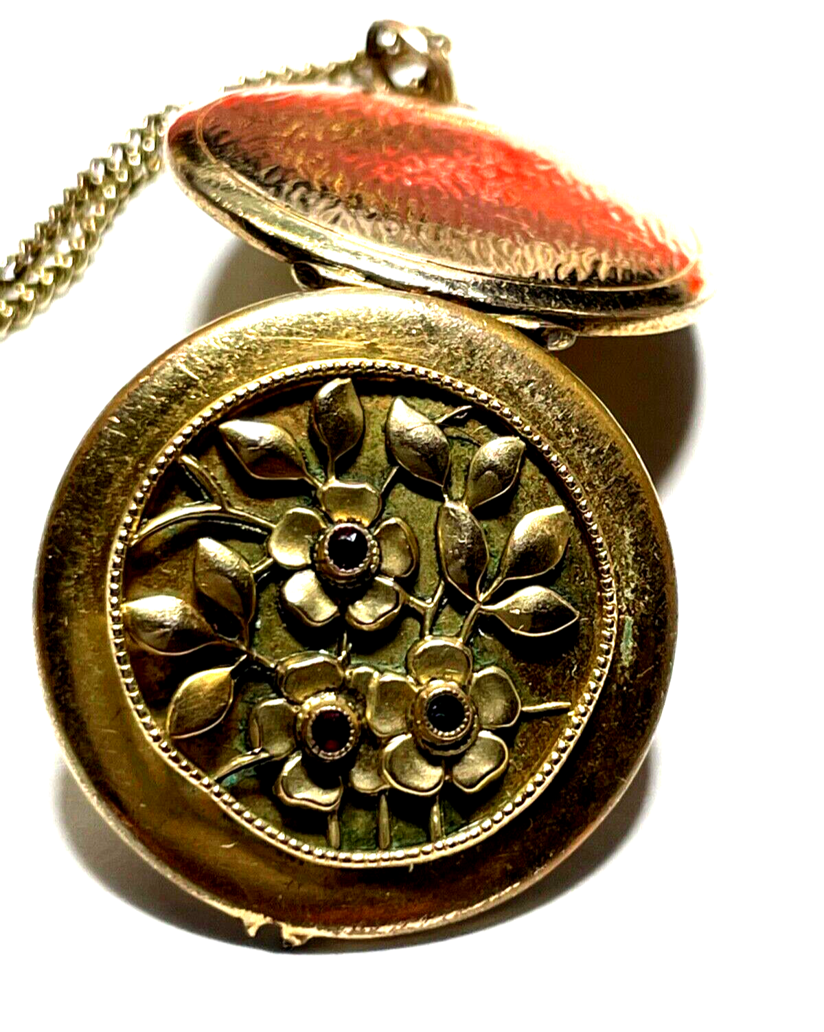 Antik Medaillon Anhänger Golddouble Farbsteine + Kette um 1900 Edelweiß Inlay6