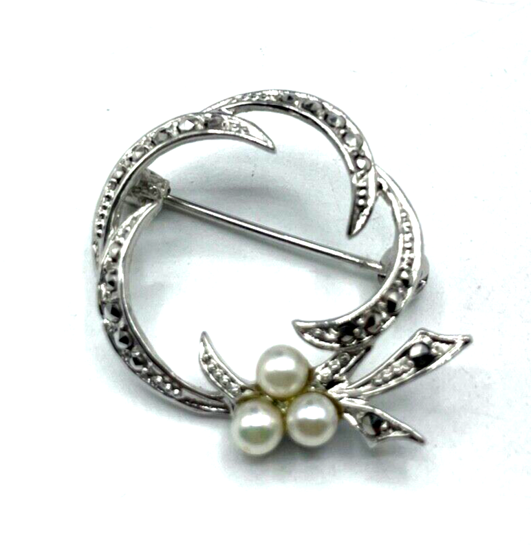 Moderne elegante Brosche Perle Markasit 925 Silber rhodiniert klassisch apart0