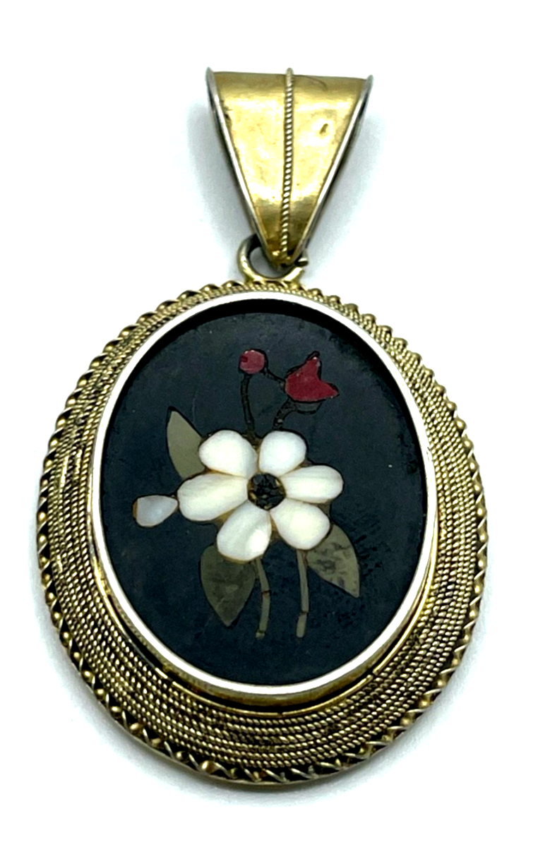 Pietra Dura Stein Mosaik Medaillon Italien um 1900 Anhänger Silber vergoldet rar0