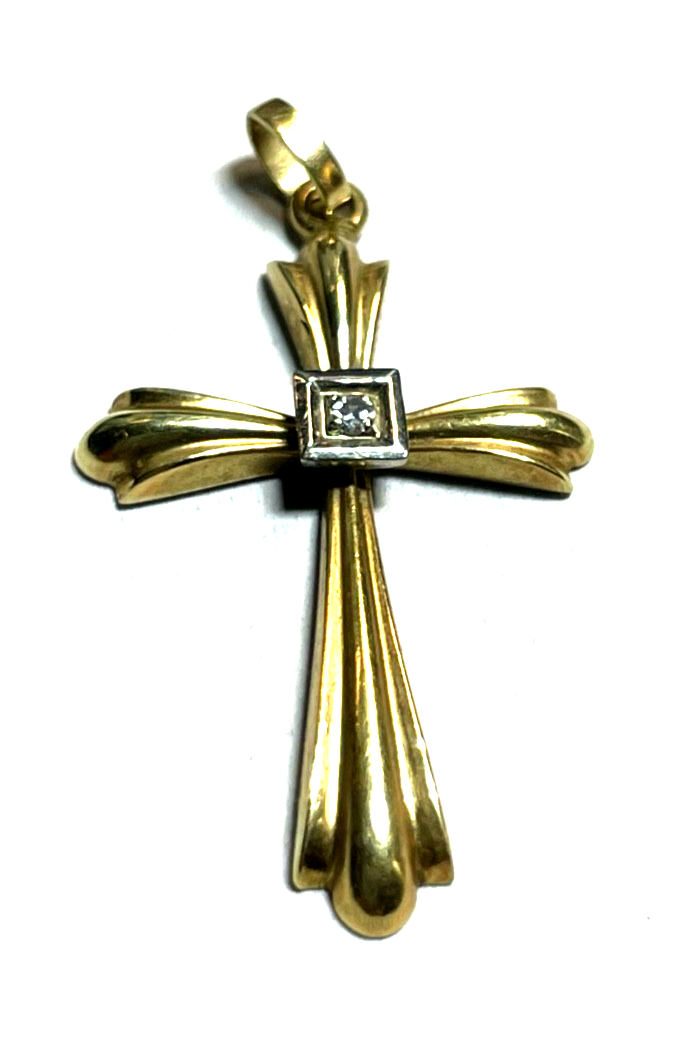 585 Gold 14 K Gelbgold Anhänger Kreuz mit kl. Brillant im antik Stil Juwelier5
