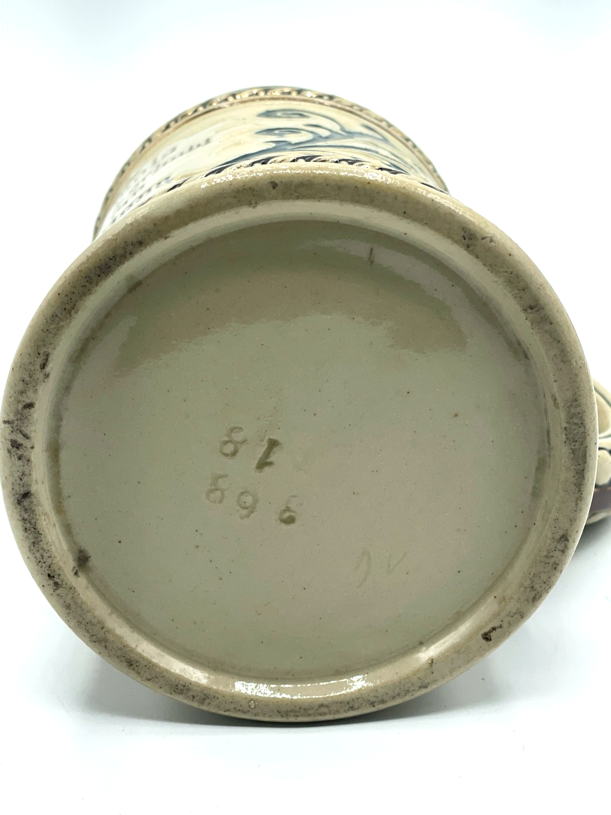 Antik Steinzeug Bierkrug mit Zinn Deckel Bier Seidel vor 1900 Trinkspruch 1/2 L7