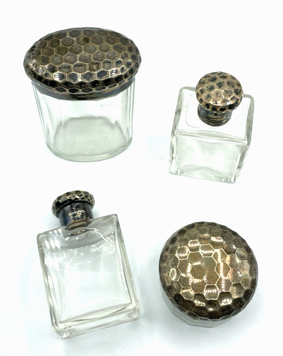 Antik 4 Tlg. Toiletten Garnitur Kristall Glas Behälter mit je 950 Silber Montur9