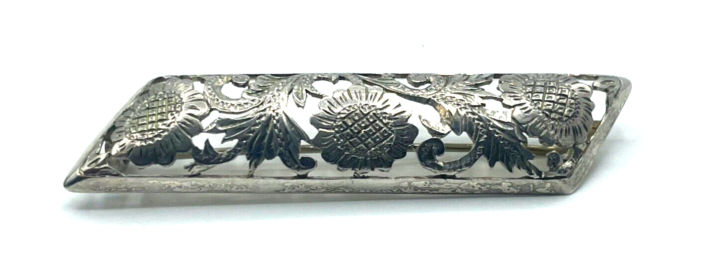 Antik 800 Silber Brosche Anstecknadel mit Durchbruch Distel Muster Handarbeit1