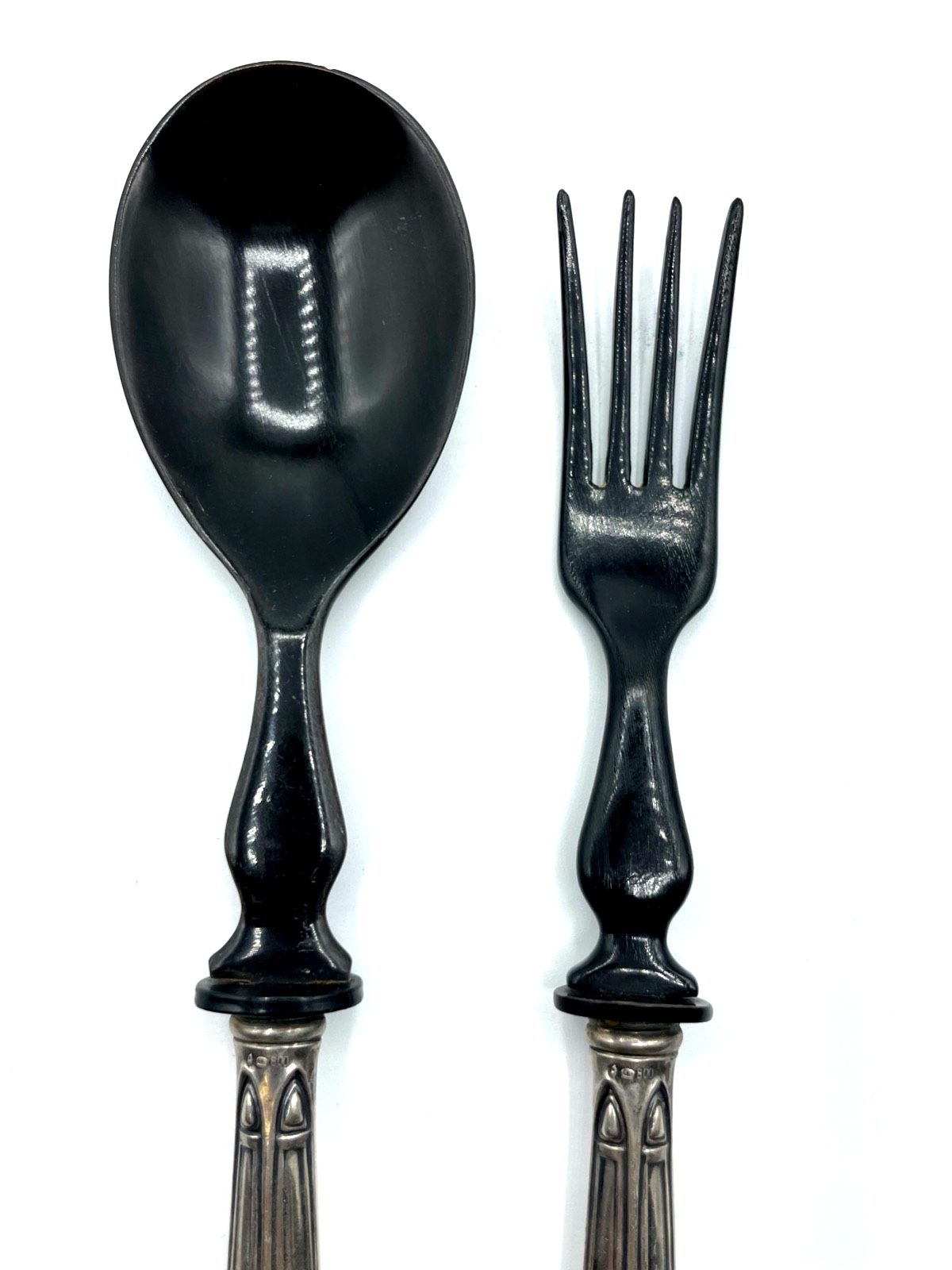 Antik Jugendstil Vorleger Salatbesteck 800 Silber + schwarzes Horn gepflegt1