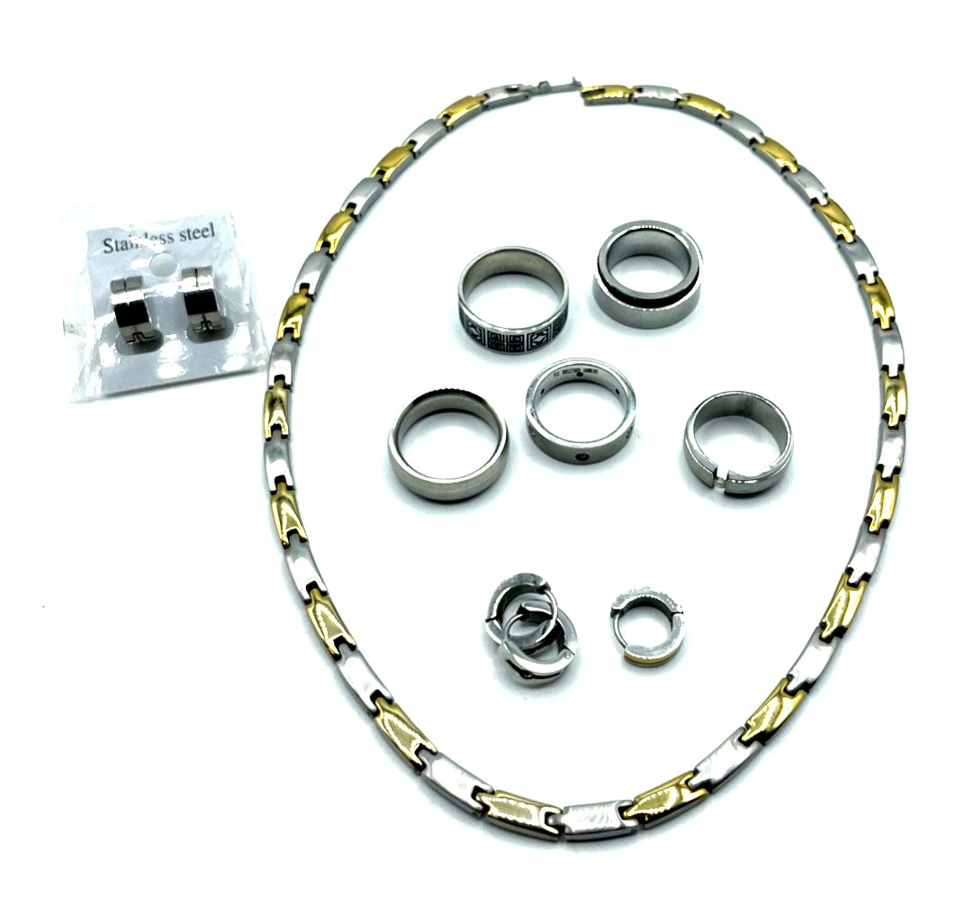 Konvolut 11 Teile Edelstahl Schmuck unisex tragbar Kette Creolen Ringe0