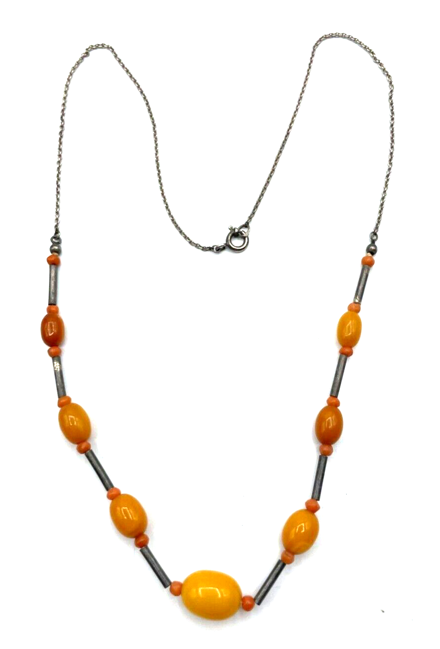 Antik 935 Silberkette Butterscotch Bernstein Oliven Koralle Mix Art Déco gepfl.3