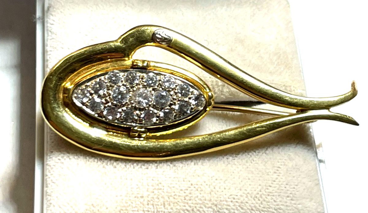 750 Gold 18 K Gold Brosche Anstecknadel Juwelier funkelnder weißer Topas Besatz0