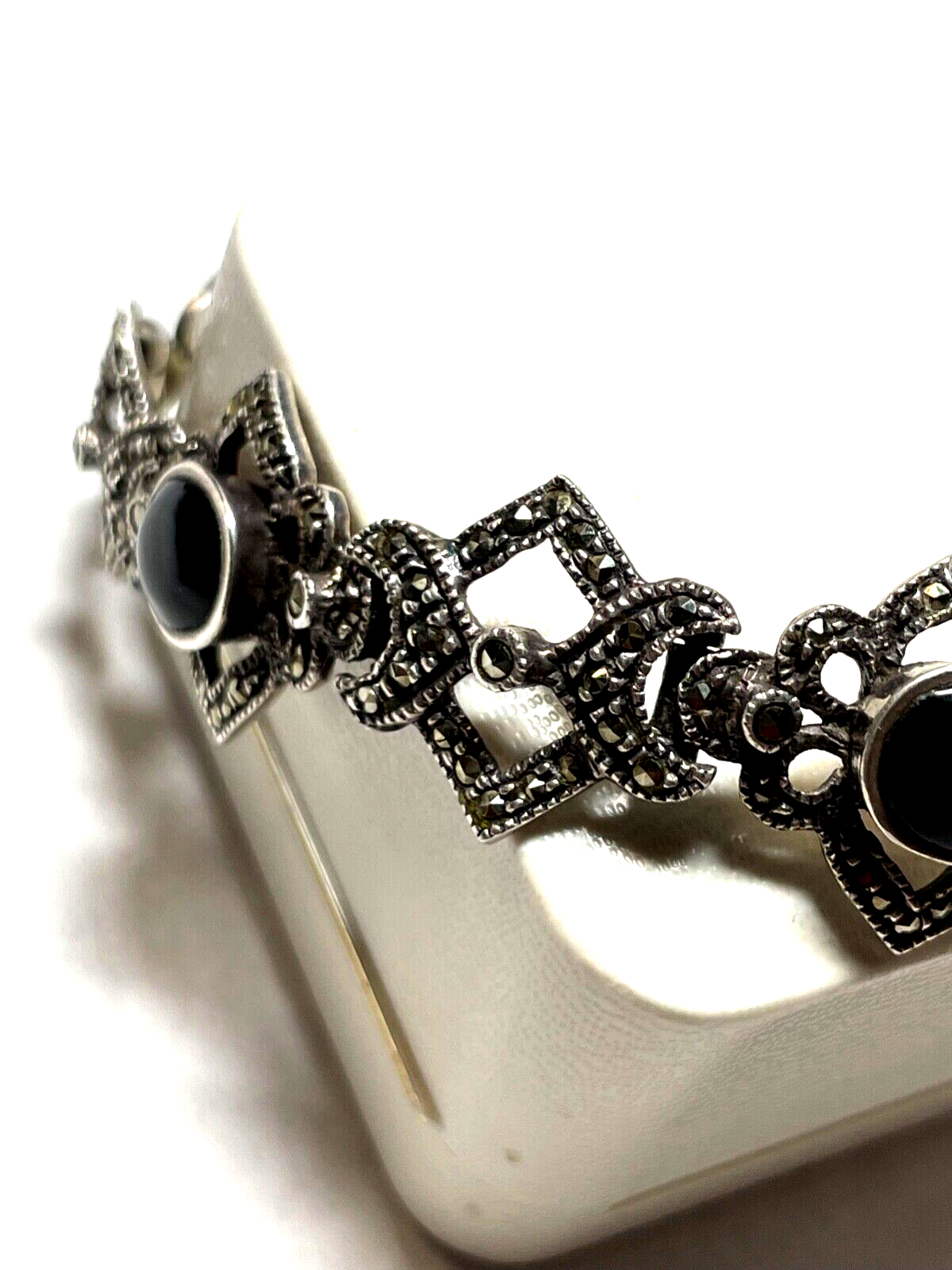 Traumhaftes solides 925 Silber Armband Handarbeit schwarzer Onyx + Markasit13