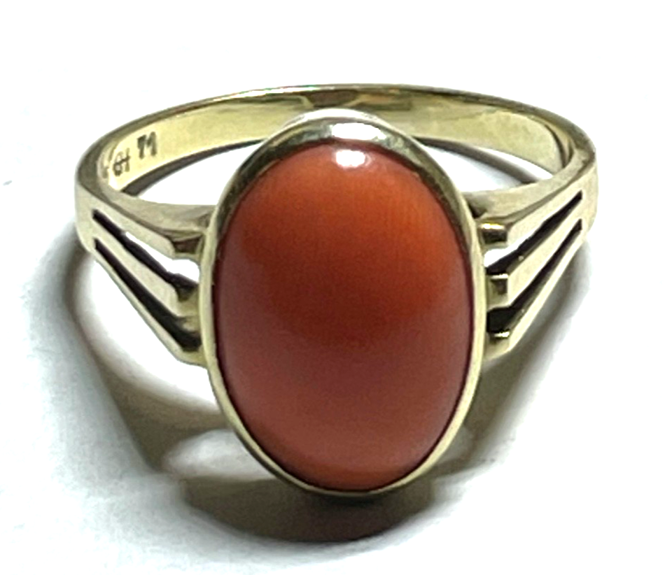 Solider 585 Gold 14 K Ring 19 mm RG 60 Natur Lachs Koralle Cabochon Juwelier10