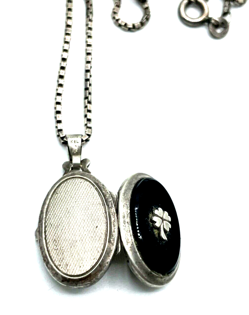 Antik kleines K&L Silber Medaillon Anhänger Onyx Kleeblatt Sterling Silberkette6