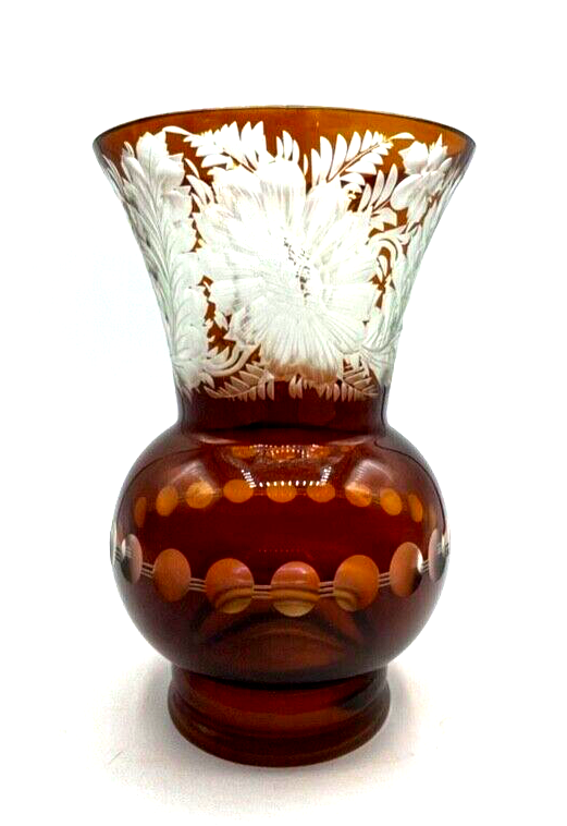 Vintage Böhmen Kristall Glas Vase florales Ätzdekor Cognac farbig Überfang H21cm5