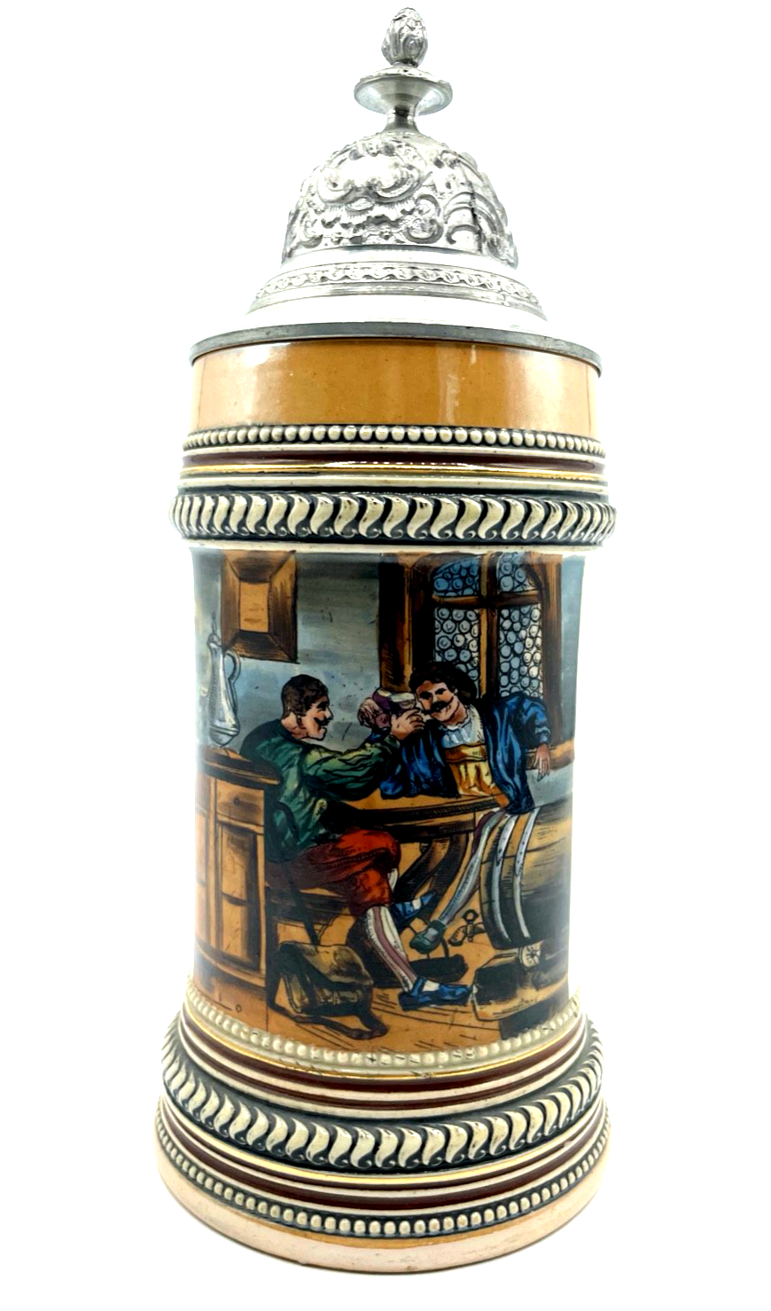 Antik Steinzeug Bierkrug Krug Zinn Deckel handbemalt Wirtshaus 0,4 Ltr. um 19002