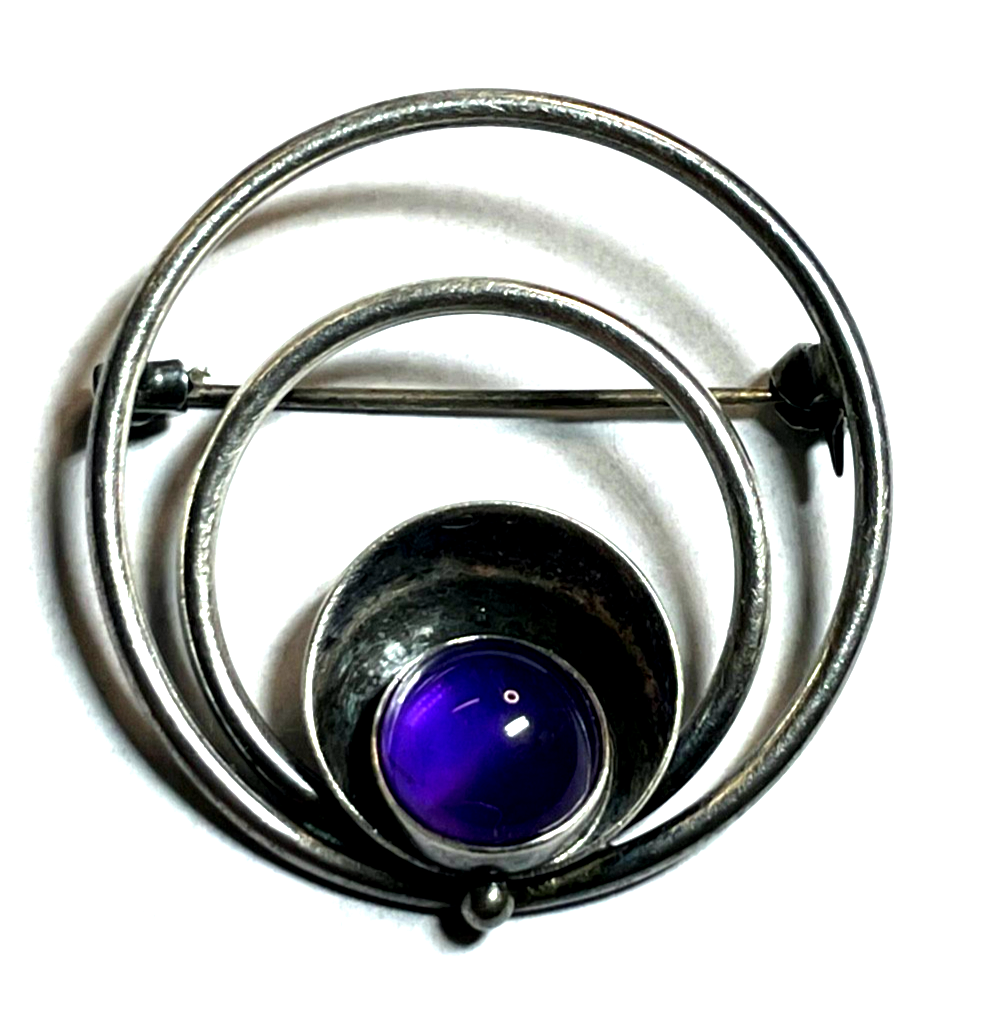 Solide 835 Silber Brosche Anstecknadel Modernist 70er Jahre Original Rosenquarz0