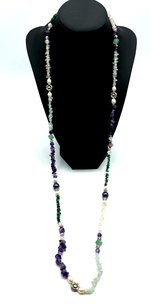 99 cm lange Halskette echte Edelsteine Smaragd Amethyst Aquamarin SWZ Perlen Mix1