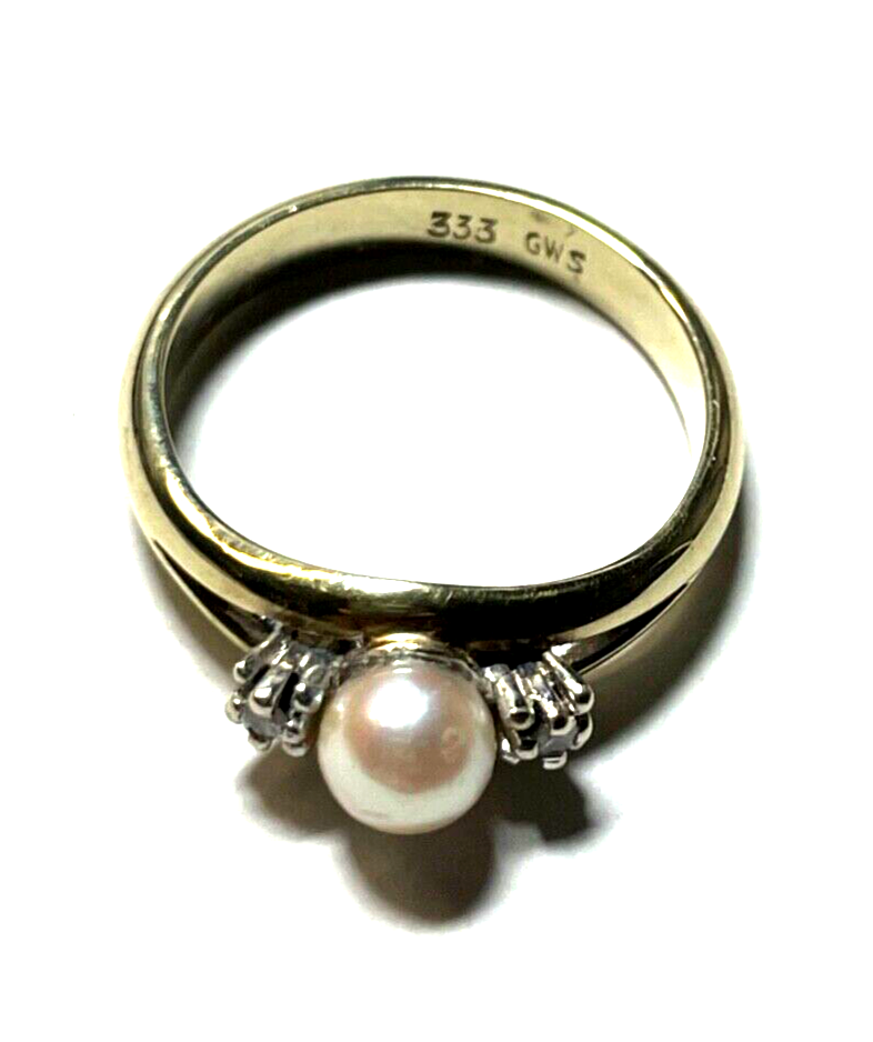 Solider 333 Gold 8 K Ring 1 Akoya Perle 2 Brillanten á 0,05 RG 56 Juwelier gepfl7
